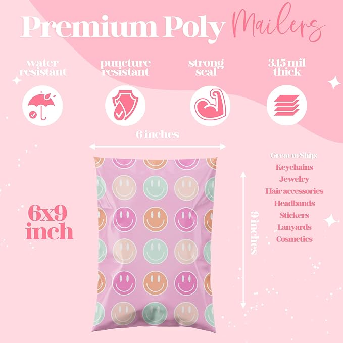 Pretty Package Store Designer Poly Mailers 14.5x19, Smiley Face, 100 Pack | Heavy Duty, Waterproof, Self Seal, Tear Resistant, Shipping Bags for Small Business Packaging, Bulk Mailing Envelopes
