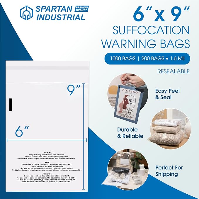 Spartan Industrial - 6” X 9” (1000 Count) Self Seal Clear Poly Bags with Suffocation Warning for Packaging, Shipping - Resealable Glue