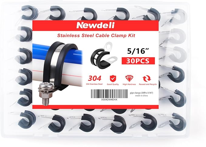Newdeli 30Pcs Cable Clamps 5/16 Inch Stainless Steel Cable Clamp Rubber Cushioned Hose Clamp Insulated Tube clips Automotive Wire Pipe Clamps
