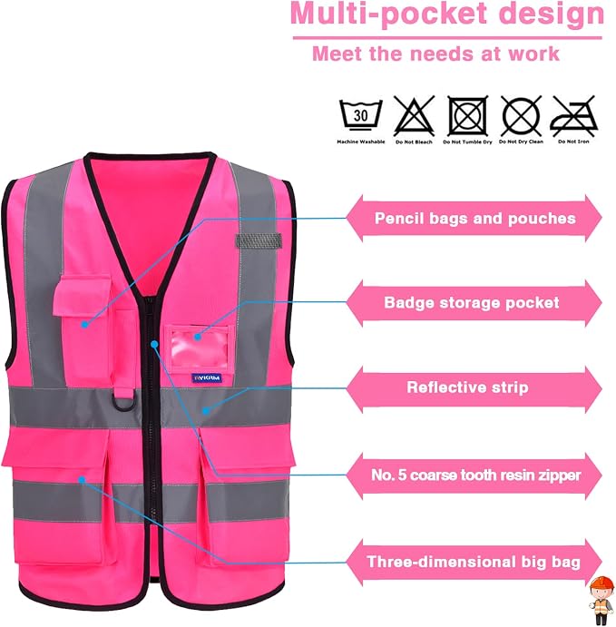 A-SAFETY High Visibility Reflective Vest with 7 Pockets, Zipper, Pink, 3XL | Pink 3XL Polyester work vest with 7 pockets, reinforced pockets and front zipper for community activities; unisex workwear.
