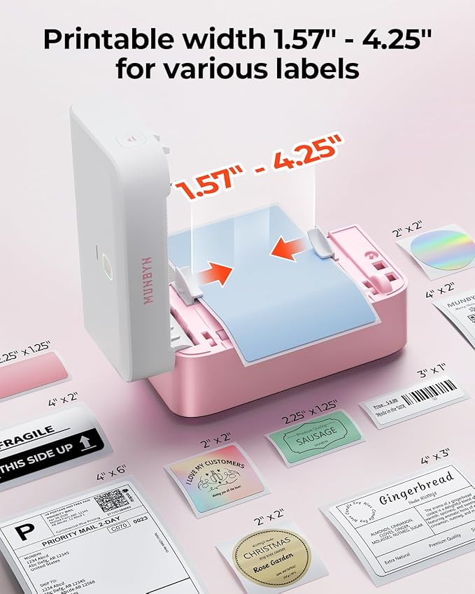 MUNBYN Bluetooth Thermal Label Printer RW403B, Wireless 4x6 Shipping Label Printer for Small Business, Compatible with Android, iPhone, Windows, Mac, Chromebook, Print Width 1.57"-4.25" (Pink)