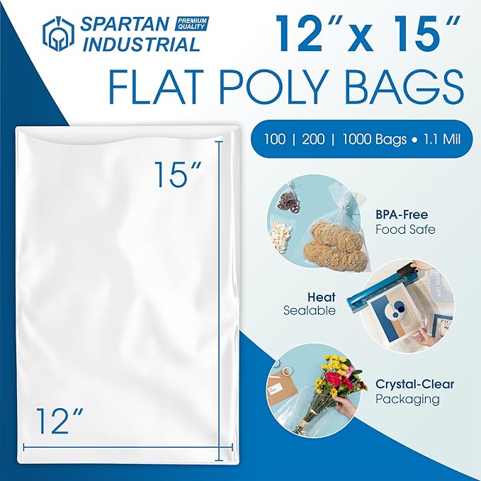 12" X 15" Open-End Flat Poly Bags (1000 Count) - 1.1 Mil Clear Plastic Bags for Clothes, Packaging, Shipping, Storage - No Adhesive Strip - Spartan Industrial