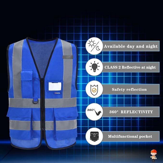 A-SAFETY Reflective Safety Vest with Mic Tabs, Black Front Zipper, Blue, L | Blue L safety vest with reinforced pockets, clear ID holder and mic tabs for electrical work and equipment maintenance.