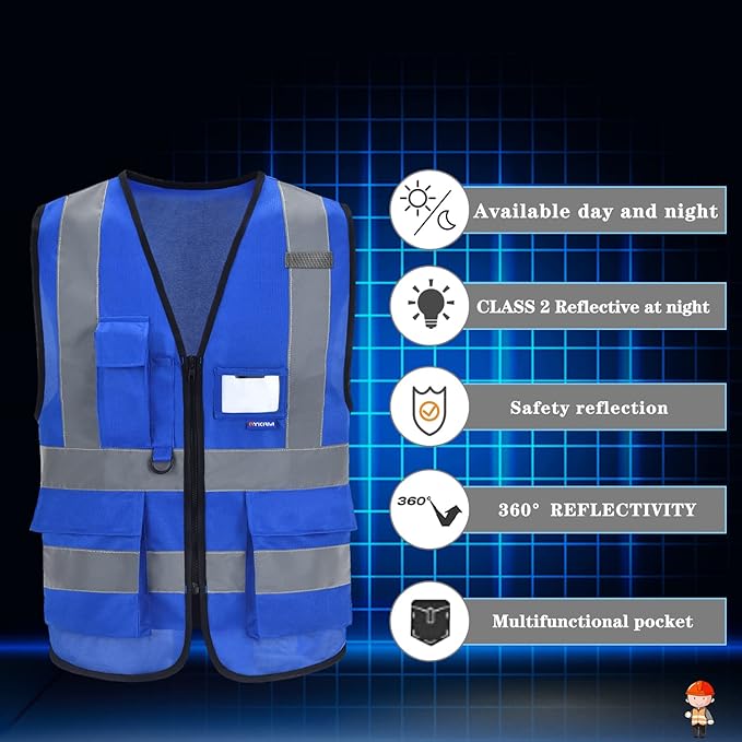 A-SAFETY Hi-Vis Safety Vest with Reinforced Stress Points, Zipper, Blue, M | Blue M safety vest with transparent ID pocket, radio mic loop and reflective strips for data centers; for men and women.