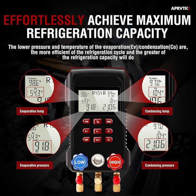 Digital Manifold Gauge Set with 112 Refrigerants, HVAC Digital AC Gauges for Automotive & Refrigeration Systems, Superheat Subcooling, Pressure Loss Test, 3000 PSI Hoses, R134a R22 R12 R454B