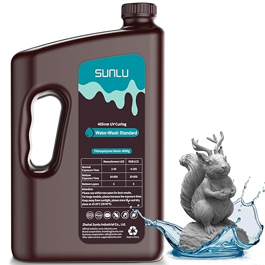 SUNLU 4kg Water Washable 3D Printer Resin, Fast Curing Low Shrinkage, High Precision Photopolymer Resin for LCD/DLP/SLA Printers,395 to 405nm UV Resin, 4000g Grey