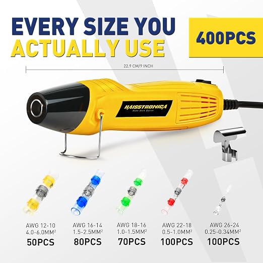 haisstronica 400 PCS Solder Seal Wire Connectors with Mini Heat Gun Kit, Waterproof Heat Shrink Wire Connectors, 10-26 AWG Solder Stick Wire Connectors for Automotive, Marine & Wiring Repair