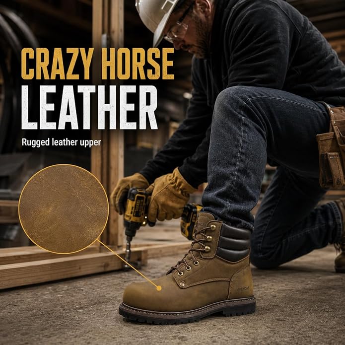Men's 6" Leather Steel Toe Work Boots for Men, Oil/Slip Resistant Rubber Sole, Men's Safety Construction Boots. 84710