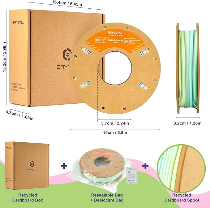 ERYONE PLA Filament 3D Printer Filament Multicolor 1.75mm +/- 0.03mm, PLA Filament 250g Spool, Matte Rainbow Macaron