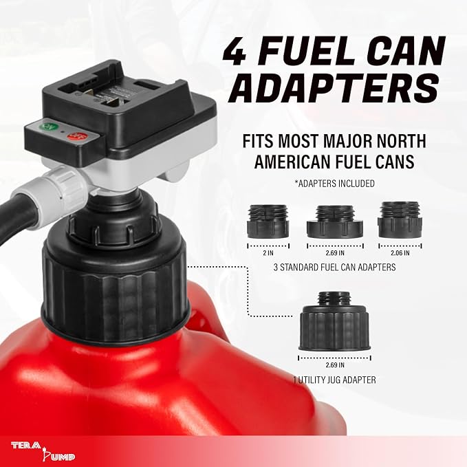 TERA PUMP Battery Powered Liquid Transfer Pump (4.0 GPM) – Cordless Pump Compatible with DeWalt 20V & Milwaukee 18V Batteries, Manual Nozzle, 51” Heavy-Duty Rubber Hose, Includes 4 Adapters