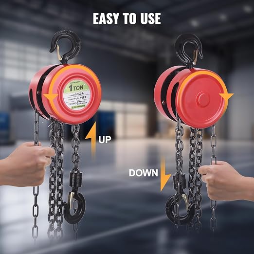 Hand Chain Hoist, 1 Ton 2200 lbs Capacity, 10 Feet with 2 Heavy Duty Hooks, Heavy Duty Steel Chain Fall Hoist for Warehouse Automotive Lifting