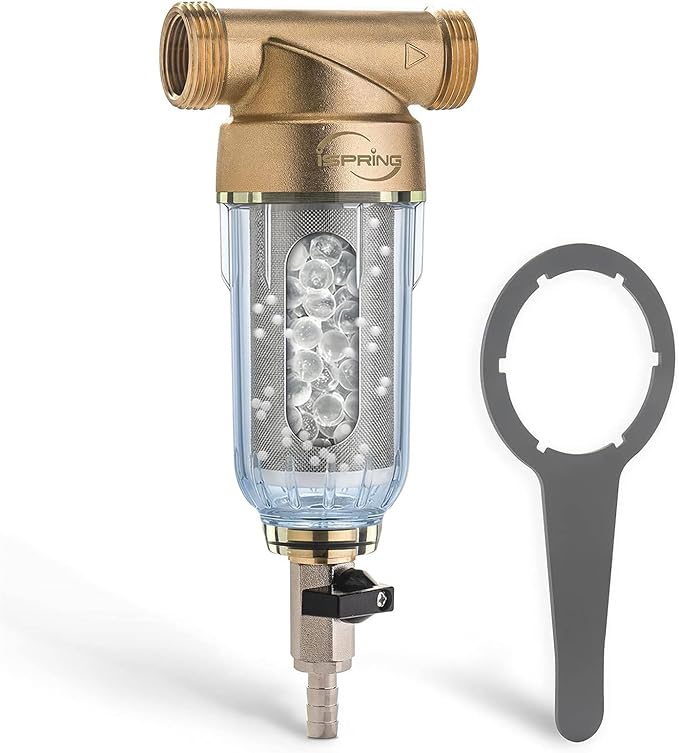 iSpring WSP-50SLS Spin Down Sediment Filter & Water Scale Inhibitor, Whole House Scale & Corrosion Prevention Prefilter, Mesh-Cleaning Scraper-Beads, Flushable Well Water Sediment Buster, 50 Microns