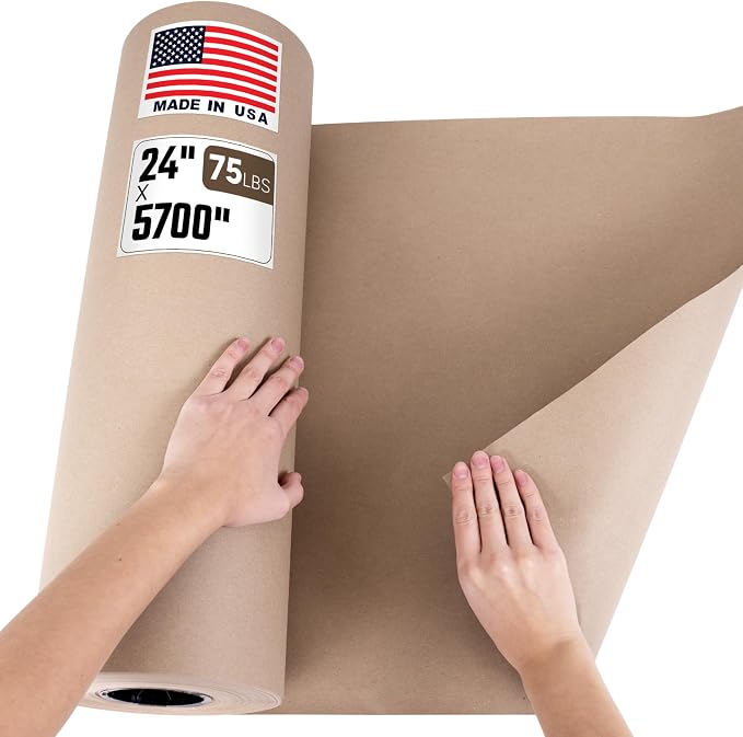 24" x 5700" (475 feet) Natural Brown Kraft Paper Roll, 75 Lb Extra Heavy-Duty (Grocery Bag Grade) – Made in USA Large Size Roll of Brown Wrapping Paper, 3-inch Core – for Packaging, Shipping | 75 Lb Extra Heavy-Duty (Grocery Bag Grade), Made in USA Lar...