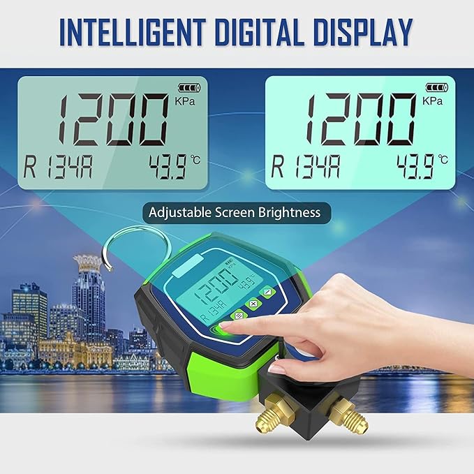 HVAC Digital Manifold Gauge Set, R134a Refrigerant Recharge Kit AC Manifold Gauge Set with 3 Hoses (Tolerance Range: -/+0.5%)