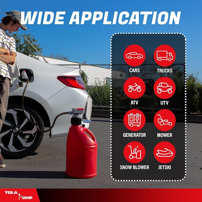 TERA PUMP TRFA03-XL Universal Gas Can Adapter Cap Battery Powered Pump | 2.3 GPM, No Spill Sensor, 4.27 ft Vinyl Hose, Utility Jug Adapter & Power Nozzle, 4x AA Power