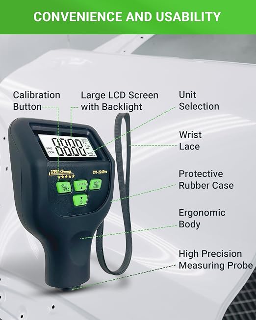 Paint Thickness Gauge – CM-224Pro Automotive Coating Thickness Meter 0–59.1 mils (0–1500 µm), 0.01 mils (0.1 µm) Resolution, Fe/NFe/Zn Auto Detection, Auto Calibration