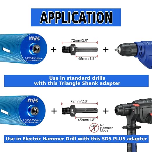 SALI Diamond Core Drill Bits 4 1/4" Diameter 10"/254mm Drilling Depth 5/8-11" Thread Core Bit Turbo Laser-Welded Segments for Cured Concrete with Brick, Block, Masonry with Two Adapters