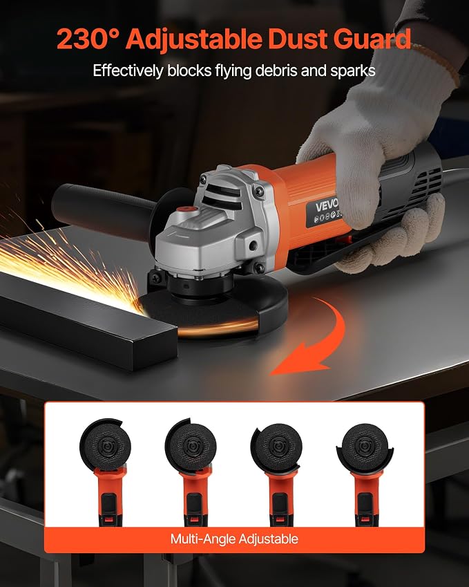 VEVOR Angle Grinder, 4-1/2" Electric Grinder Power Tool, 8Amps 12000RPM High-Speed Corded Angle Grinders with 230° Adjustable Dust Guard for Metal Grinding, Cutting, Rust Removal (Disc Not Included)