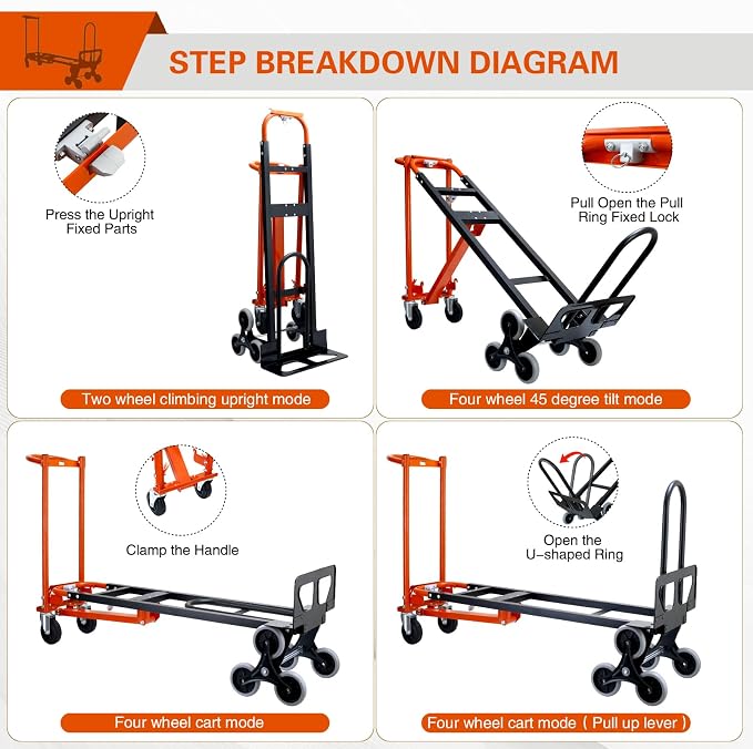 3 in 1 Industrial Convertible Hand Truck,1000 LBS Capacity Stair Climbing Dolly Cart,Heavy Duty Hand Truck Dolly Cart with Dual Handles for Home,Moving,Transport,Warehouse,Office(Orange)