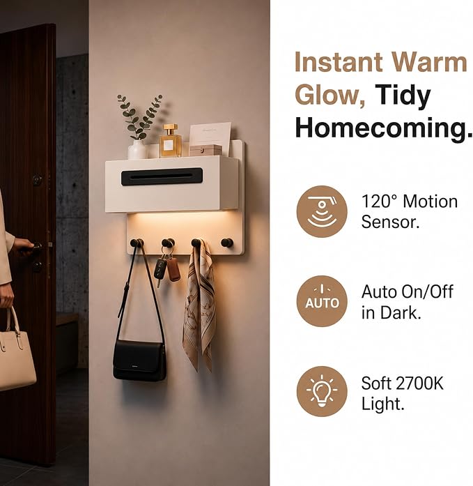Floating Shelf with Drawer & Hooks, Entryway Organizer with Sensor Light | Italian Wood Veneer, Hidden Drawer, 4 Matte Black Hooks & Warm Sensor Light for Mail, Keys, Wallets, Coats & Daily Essentials