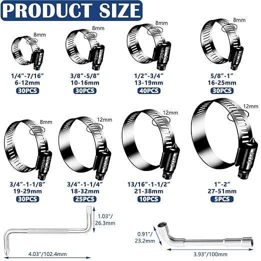 202PCS Stainless Steel Hose Clamps Assortment Kit,Metal Adjustable 1/4"-2"(6-51mm) Worm Gear Hose Clamp Heavy Duty Small Hose Clamps for Automotive,Radiator Pipe,Plumbing,Fuel Line
