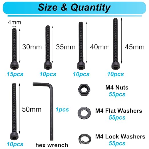 220PCS Black M4 Hex Socket Head Cap Screws, M4 x 30/35/40/45/50mm Metric Screws Bolts Nuts Washers Assortment Kit, 12.9 Grade Alloy Steel
