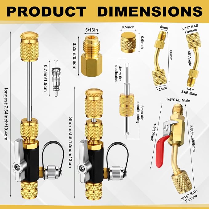 Tujoe R410a Valve Core Remover Tool HVAC Air Conditioning Refrigerant Angled Compact Ball Valve Compatible with Sae 1/4 and 5/16 Port R410 R32 Brass Adapter 20 Cores 10 Brass Nut 270 Sealing Washer