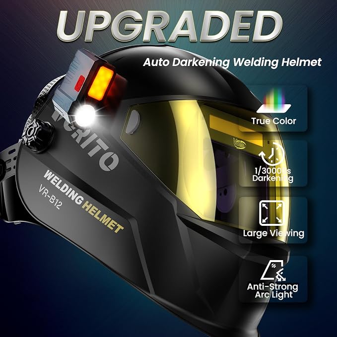 Large View True Color Auto Darkening Welding Helmet with LED Light - Solar Powered, 4 Arc Sensors, 1/1/1/1 Optical Clarity, Wide Shade 4/5-13 for TIG MIG ARC Grind