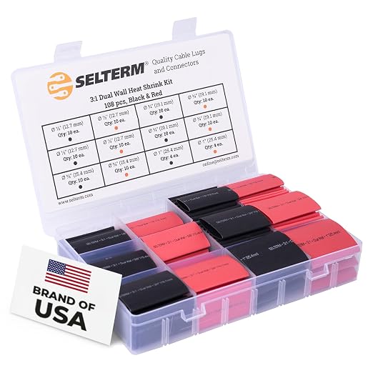 SELTERM Large Size Marine Grade Heat Shrink Tubing Kit 1, 3/4, 1/2, 5/8 Inch Assortment, 3:1 Dual Wall Adhesive Lined, for Battery Cable Lugs Wire Terminal Connectors – Black & Red [108 pcs]