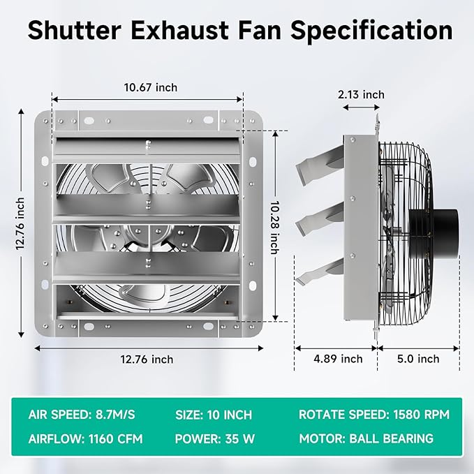 10" Shutter Exhaust Fan - Heavy Duty AC Motor, 1160 CFM Airflow | For barns, garages and attics. 24/7 continuous duty rated. Manual power switch included. Rust-proof steel. 10-year life.