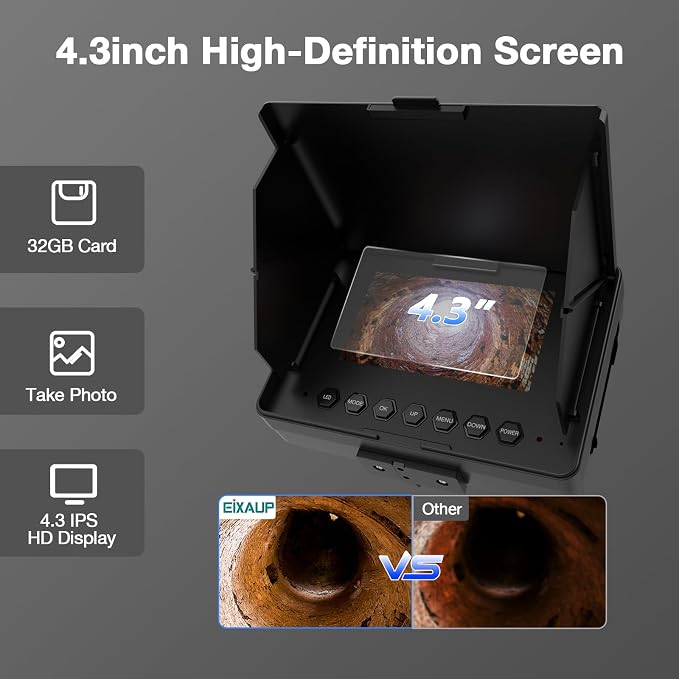 Sewer Camera 100 FT, 4.3" HD Screen, 23mm Industrial Endoscope with Light,32GB Card, Portable Drain Camera with 8500mAh Battery,Ideal for Plumbers and Homeowners(No DVR)