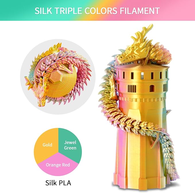 ERYONE Silk Tri Color PLA Filament 3D Printer 1.75mm +/- 0.03mm, Multicolor Filament Tricolor PLA 1KG(2.2lbs) Cardboard Spool, Turquosie&Reddish Orange&Gold