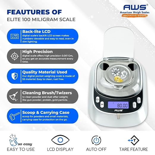 AWS Elite-100 Milligram Scale 100g x 0.001g–Digital Jewelry/Lab Scale for Powder, Gold, Gems – Includes Calibration Weights, Tweezers & Tray–Tare, Cal, 6 Units (Gemini Pro - 100g)