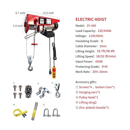 Electric Hoist, 440 lbs Material Handling Tool, 110V Electric Winch with 14ft Wired Remote Control，Lift Hoist for Factories, Warehouses, Construction Site, Attic