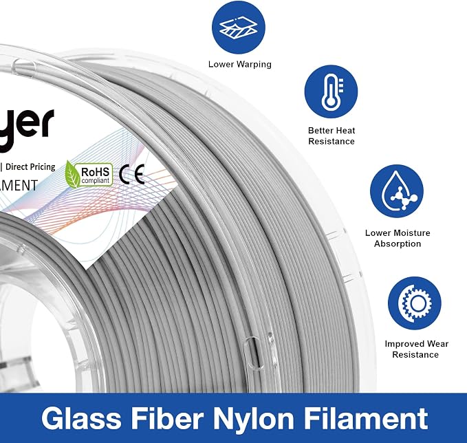 Nylon Glass Filled Filament Grey Nylon Glass Fiber 1.75mm PA GF 3D Printer Filament PA6-GF 1kg with Reusable PC Spool