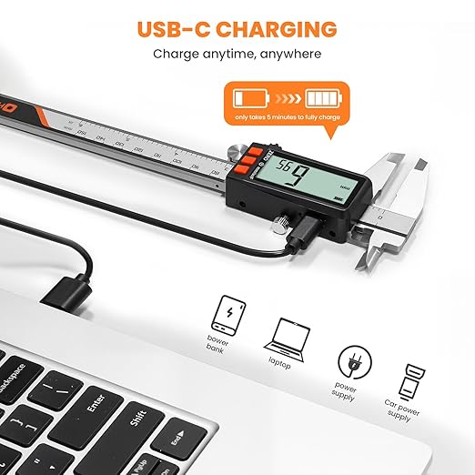 HARDELL Digital Caliper, Rechargeable Calipers with Battery Display, Auto-Off Caliper Large LCD Screen, 6 inch Micrometer, Inch/MM/Fraction for DIY/Household/Jewelers
