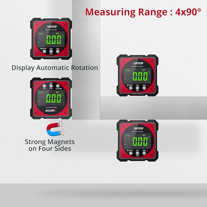 XUNTOP USB Charging Digital Angle Finder Level Box with Laser (Class 2, <1mW Output), 4-side Strong Magnetic Angle Gauge IP54 Waterproof Inclinometer Level for Hanging Decorations Woodworking