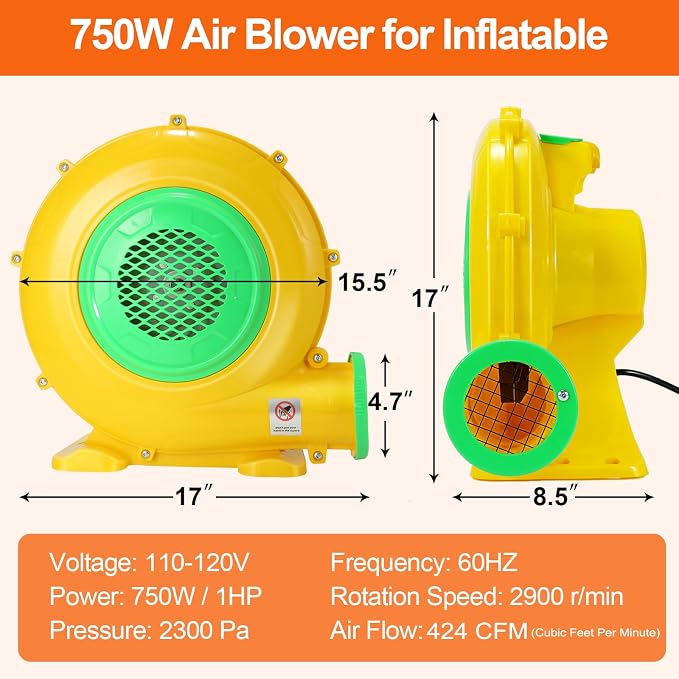 Bounce House Blower, 750W/1HP Commercial Air Blower with Double-Sided Fan Blade Design, Strong Wind and Great Heat Dissipation Properties for Bouncy Castle, Jump Slides, Arch, Inflatables