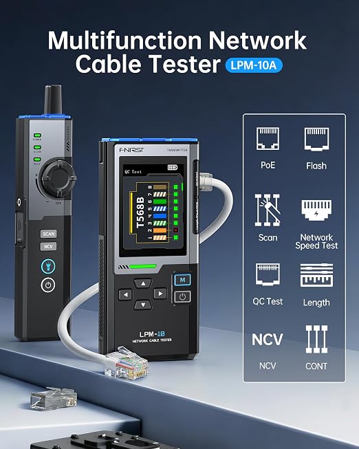 FNIRSI LPM-10A Ethernet Tester, Network Cable Tester Kit for CAT5 CAT6 RJ11, Wire Tracer & Cable Toner, PoE/NCV/Length Test, Rechargeable Ethernet Cable Tester