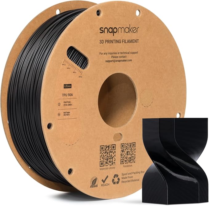 Snapmaker TPU Filament 1.75mm,Flexible TPU 90A 3D Printer Filament with High Elasticity,Dimensional Accuracy +/- 0.03mm,1kg(2.2lbs) (90A Black)