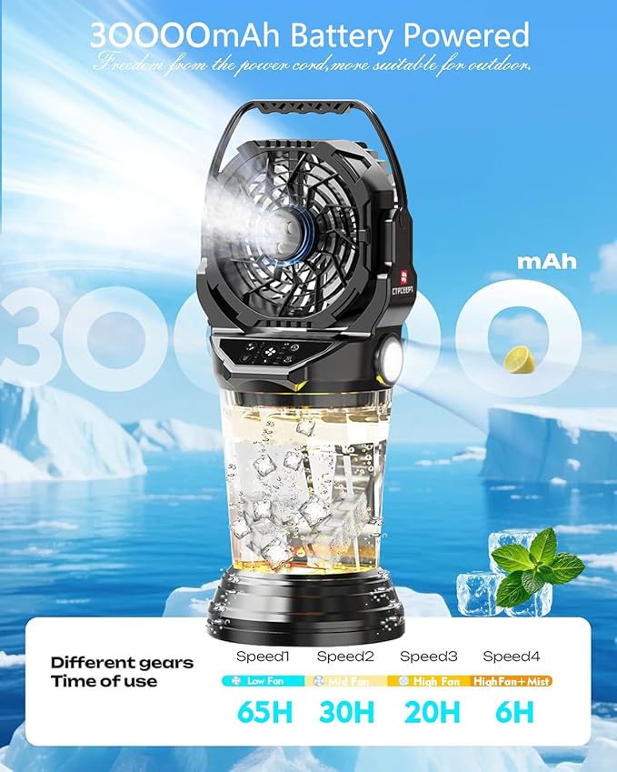 2026 New Portable Misting Fan with 30000mAh Rechargeable Battery, 120° Auto Oscillating Battery Powered Fan, 4 Speeds Spray Fan with LED Battery Indicator for Camping, Patio, Outdoor, Travel (yellow)