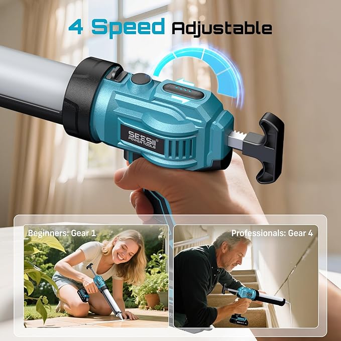 SEESII Cordless Caulking Gun, 21V Battery Powered Caulk Gun, Electric Caulking Gun w/2 x 2.0Ah Batteries, 9Pcs Caulk Remover Tool, LED Light, Auto Retract for Filling, Sealing