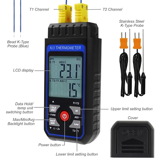 Dual-Channel K/J Thermocouple Thermometer with 4 K-Type Thermocouples -328°F ~ 2501°F Measurement Range HVAC Temperature Meter Gauge with Data Hold, MAX/MIN/AVG, Hi/Lo Backlit Alarm, ADJ Compensation