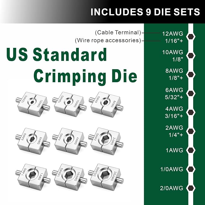Hydraulic Crimping Tool, 2/0 Battery Cable Crimper, 10T Hydraulic Crimper for US AWG Size 12-2/0 Gauge Stranded (9 Sets of US Standard Crimping Dies: 12, 10, 8, 6, 4, 2, 1, 0, and 00AWG)