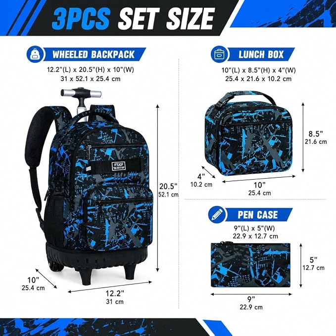 3Pcs Rolling Backpack for Boys Men, Travel Roller Backpacks with Wheels for Adults, Teens College Graffiti Wheeled Bookbag with Lunch Box(Blue)