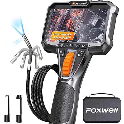 FOXWELL Elite Dual Lens 2-Way 220° Articulating Borescope, 0.25in Ultra-Slim Probe, HD IPS Display, IP67 Waterproof, Flexible Camera for Automotive, HVAC, Plumbing & Industrial Inspections 5.3FT