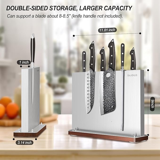 Magnetic Knife Holder, Stainless Steel Magnetic Knife Block without Knives, Strong Double Sided Magnet Knife Storage Strip with Wood Base for Kitchen Counter-Silver