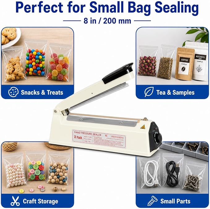Impulse Heat Sealer with Seal bar, Heavy-Duty Bag Sealing & Cutting Machine, 2 Extra Replacements (white, 8inch)