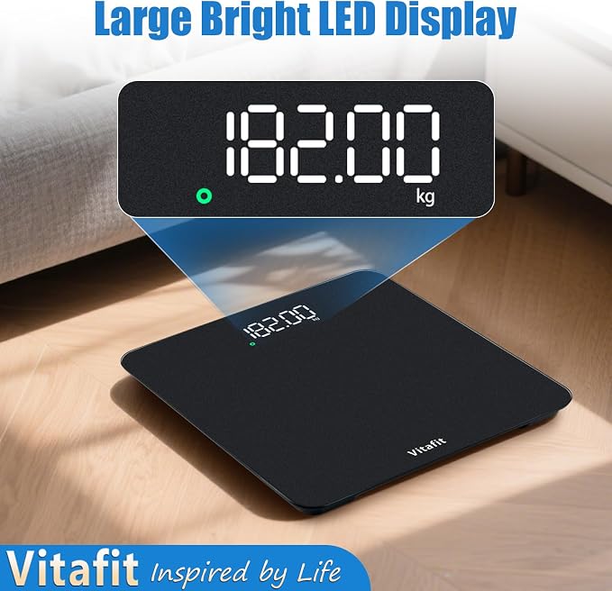 Vitafit Smart Digital Bathroom Scale for Body Weight, High Precision Assured by Weight Scale Professional Factory Since 2001, BMI with App, 400lb in 0.1lb, Spray Silver Black