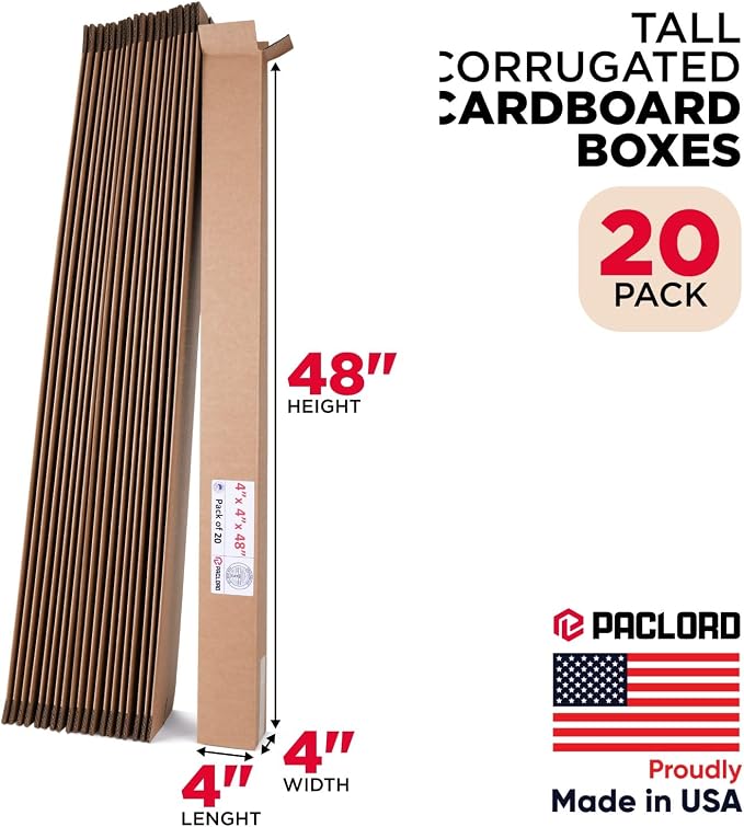 Tall Cardboard Boxes 4"L x 4"W x 48"H (Pack of 20) - USA-Made Packing Boxes for Moving, Shipping, or Storage - USPS, UPS, FedEx Approved - Professional Packing Supplies for Moving | USA-Made Packing Boxes for Moving, Shipping, or Storage - USPS, UPS, F...